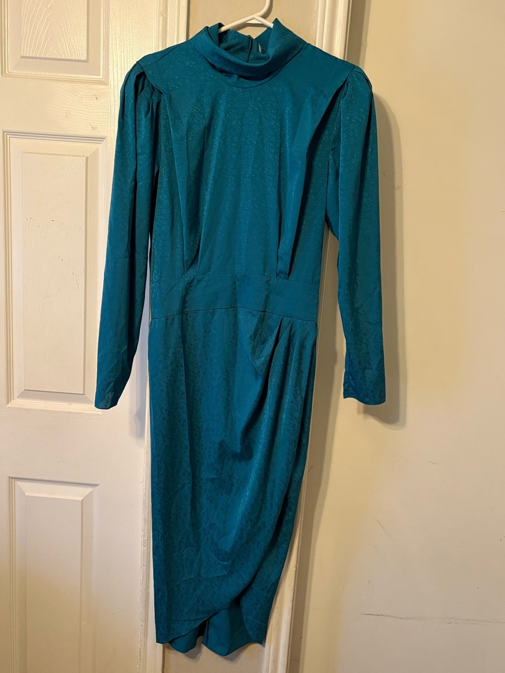 Vintage Elegant Teal Midi Wrap Dress with High Neck and Long Sleeves